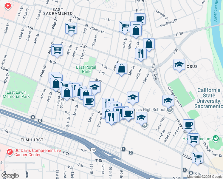 map of restaurants, bars, coffee shops, grocery stores, and more near 1301 54th Street in Sacramento
