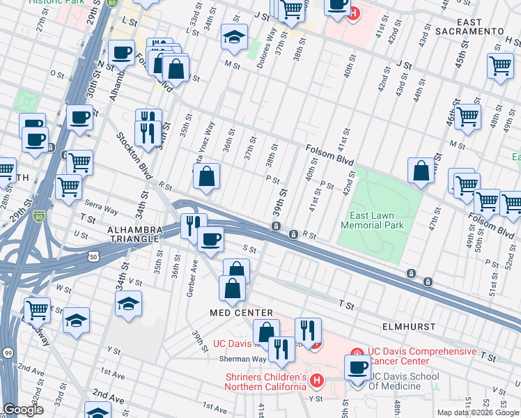 map of restaurants, bars, coffee shops, grocery stores, and more near 1700 39th Street in Sacramento