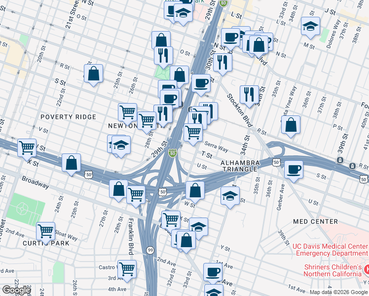 map of restaurants, bars, coffee shops, grocery stores, and more near 3005 T Street in Sacramento