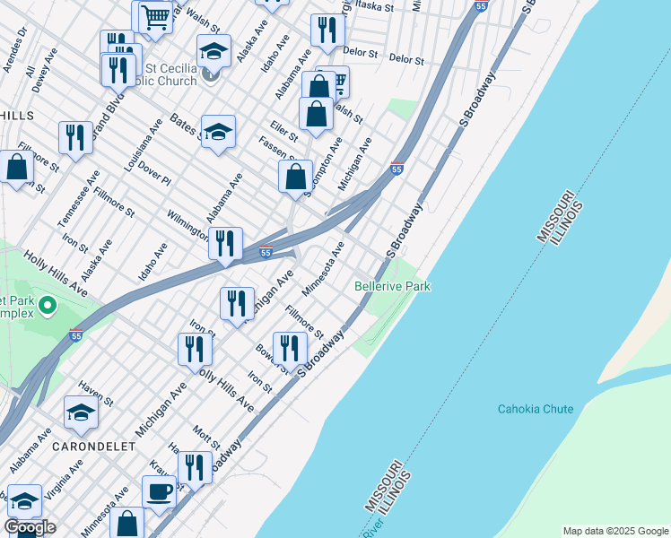 map of restaurants, bars, coffee shops, grocery stores, and more near 226 Bellerive Boulevard in St. Louis