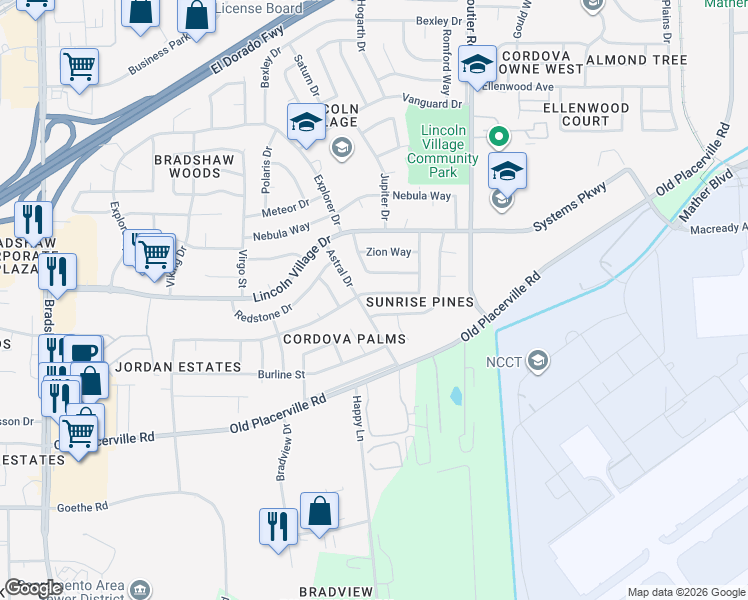 map of restaurants, bars, coffee shops, grocery stores, and more near 3585 Scorpio Drive in Sacramento