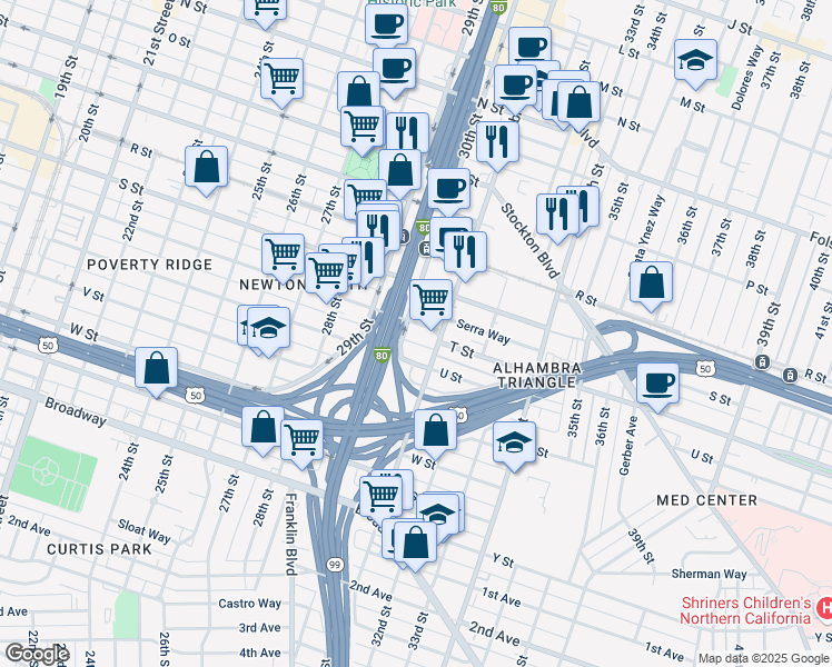 map of restaurants, bars, coffee shops, grocery stores, and more near 3010 T Street in Sacramento