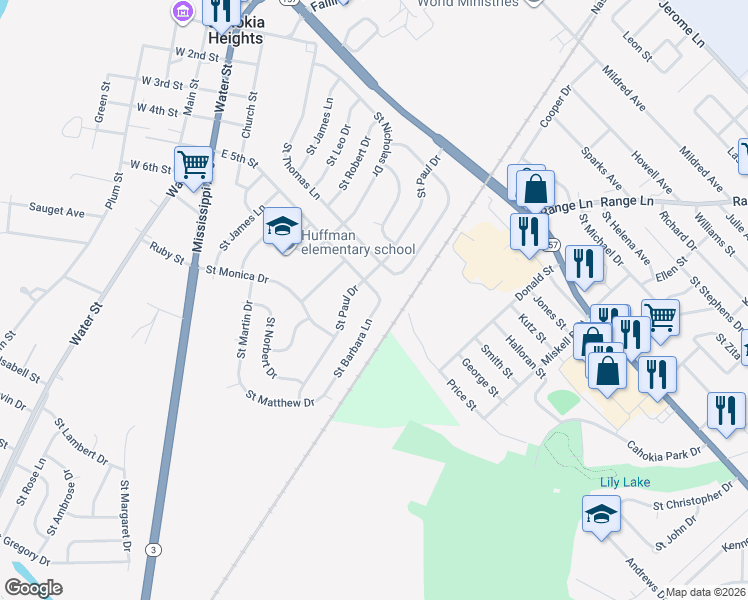map of restaurants, bars, coffee shops, grocery stores, and more near 506 Saint Paul Drive in Cahokia