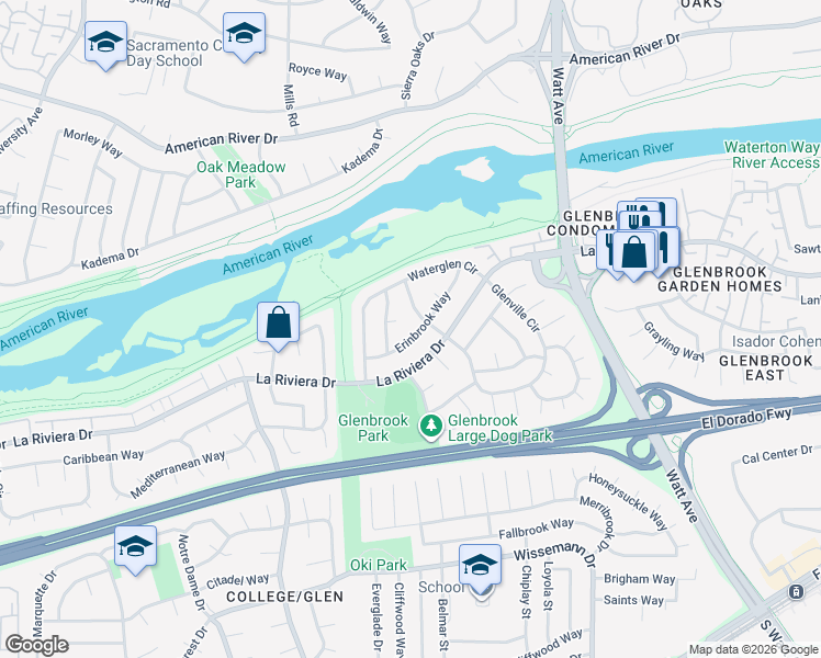 map of restaurants, bars, coffee shops, grocery stores, and more near 8547 Erinbrook Way in Sacramento