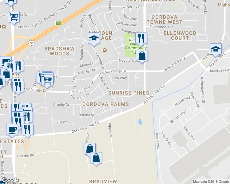 map of restaurants, bars, coffee shops, grocery stores, and more near 3585 Scorpio Drive in Sacramento