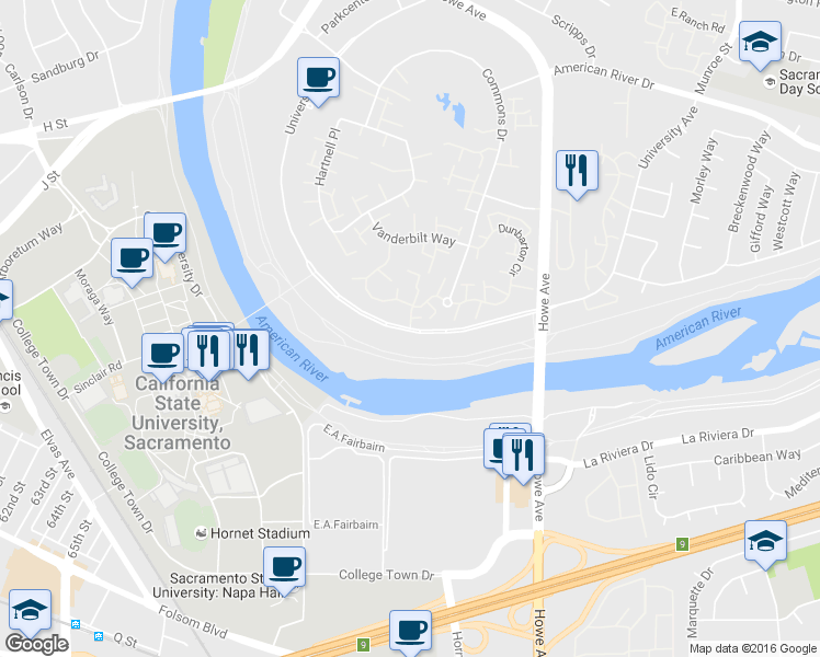 map of restaurants, bars, coffee shops, grocery stores, and more near 1698 University Avenue in Sacramento