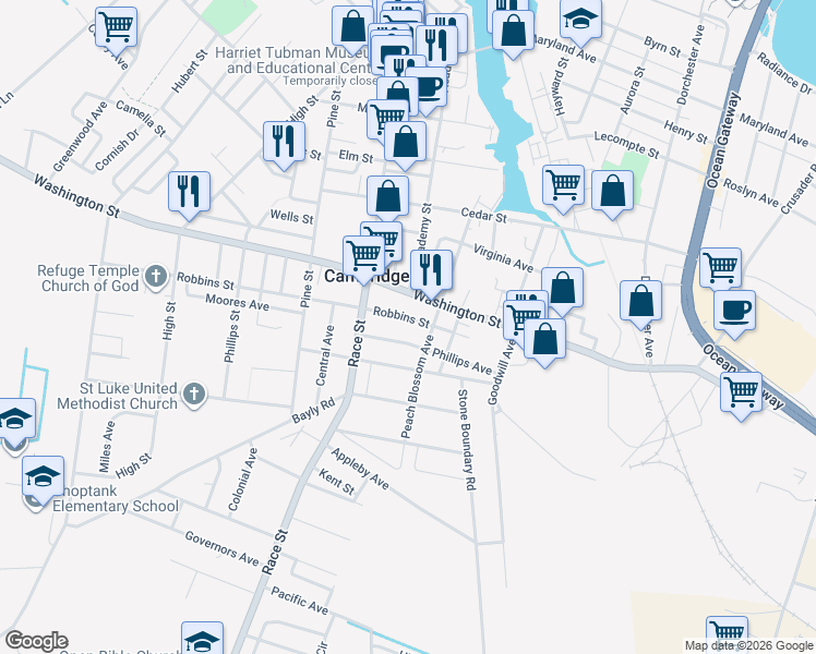 map of restaurants, bars, coffee shops, grocery stores, and more near 406 Robbins Street in Cambridge