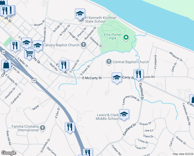map of restaurants, bars, coffee shops, grocery stores, and more near 1723 East McCarty Street in Jefferson City