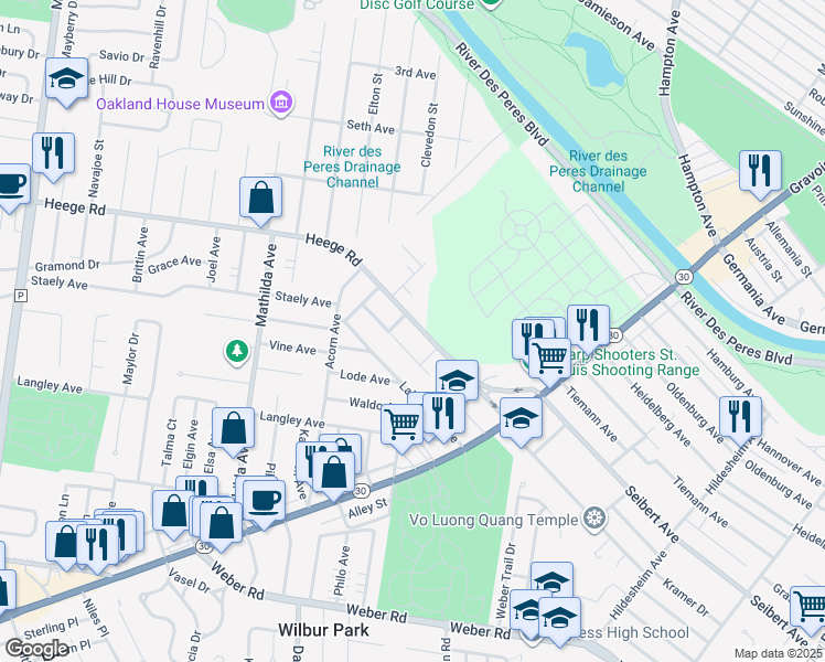 map of restaurants, bars, coffee shops, grocery stores, and more near 5142 Heege Road in Affton