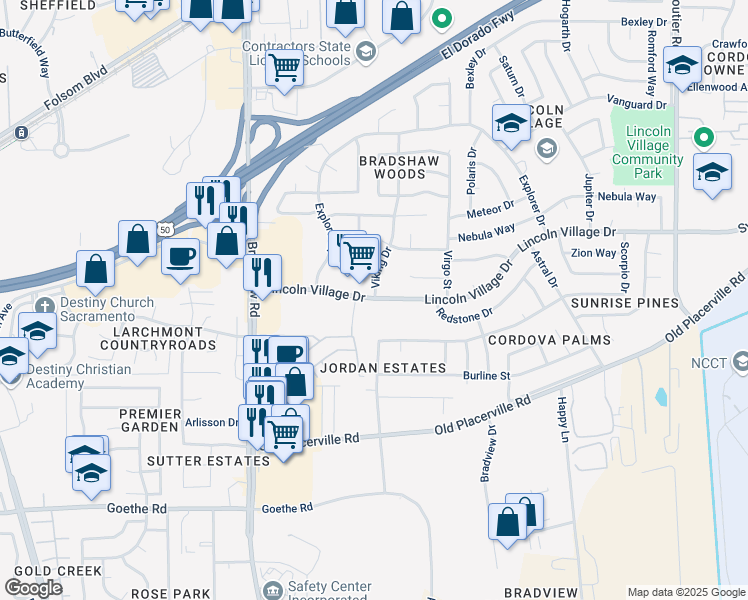 map of restaurants, bars, coffee shops, grocery stores, and more near Lincoln Village Dr & Viking Dr in Rancho Cordova