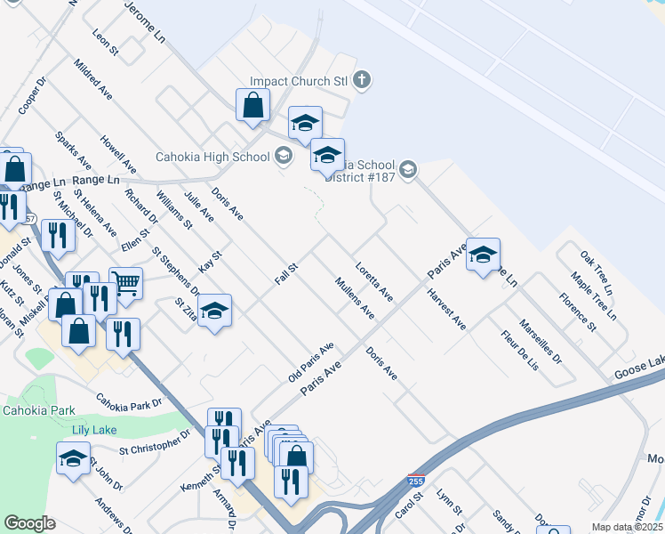 map of restaurants, bars, coffee shops, grocery stores, and more near in Cahokia Heights