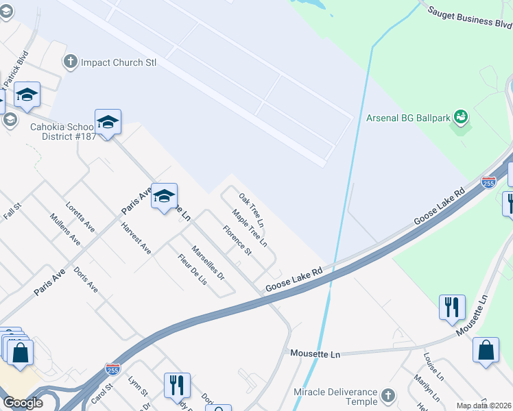 map of restaurants, bars, coffee shops, grocery stores, and more near 2003 Oak Tree Lane in Cahokia