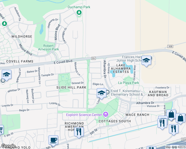 map of restaurants, bars, coffee shops, grocery stores, and more near 3014 Carmelo Lane in Davis