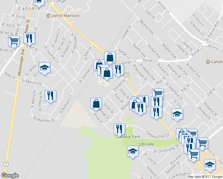 map of restaurants, bars, coffee shops, grocery stores, and more near 117 Donald Street in Cahokia