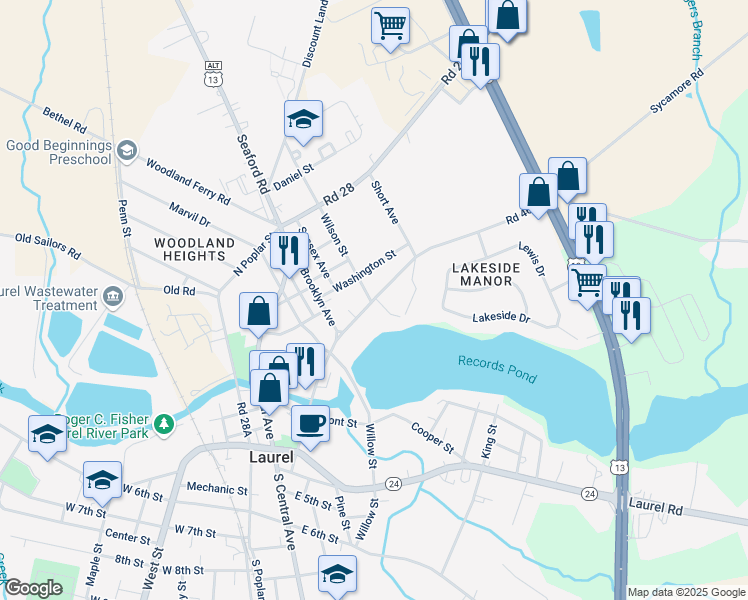 map of restaurants, bars, coffee shops, grocery stores, and more near Delaware Avenue in Laurel