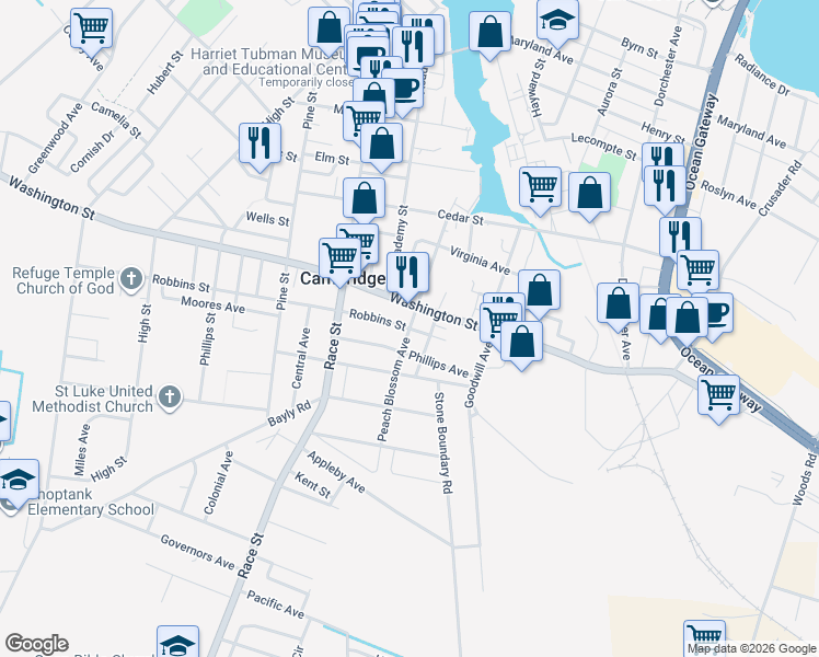 map of restaurants, bars, coffee shops, grocery stores, and more near Peach Blossom Avenue in Cambridge
