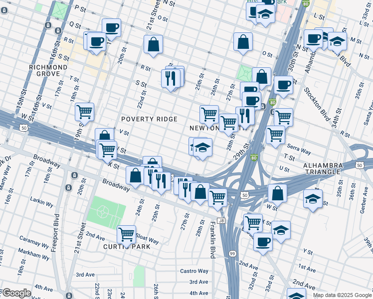map of restaurants, bars, coffee shops, grocery stores, and more near 2519 V Street in Sacramento