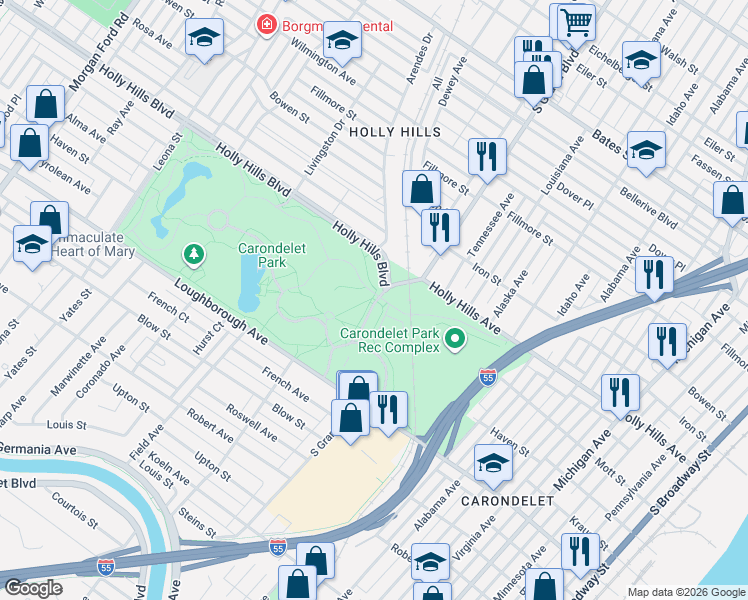 map of restaurants, bars, coffee shops, grocery stores, and more near  in St. Louis