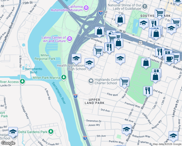 map of restaurants, bars, coffee shops, grocery stores, and more near 451 McClatchy Way in Sacramento