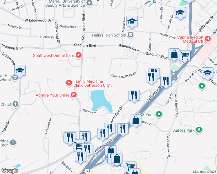 map of restaurants, bars, coffee shops, grocery stores, and more near 1442 Sunset Lake Road in Jefferson City