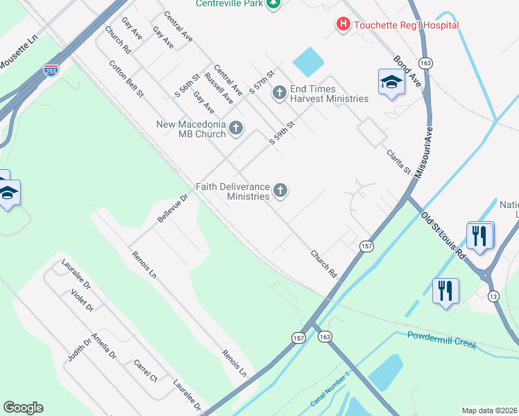 map of restaurants, bars, coffee shops, grocery stores, and more near 6210 Church Road in East St. Louis