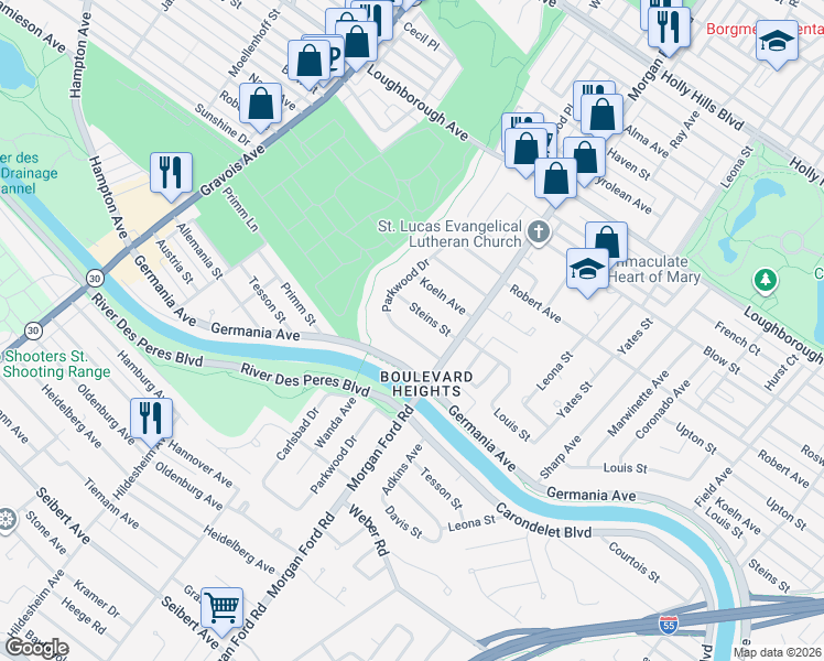 map of restaurants, bars, coffee shops, grocery stores, and more near 4333 Schirmer Street in St. Louis
