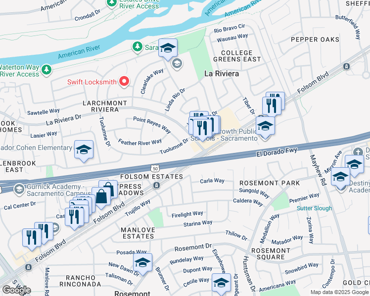 map of restaurants, bars, coffee shops, grocery stores, and more near 2768 Point Reyes Way in Sacramento
