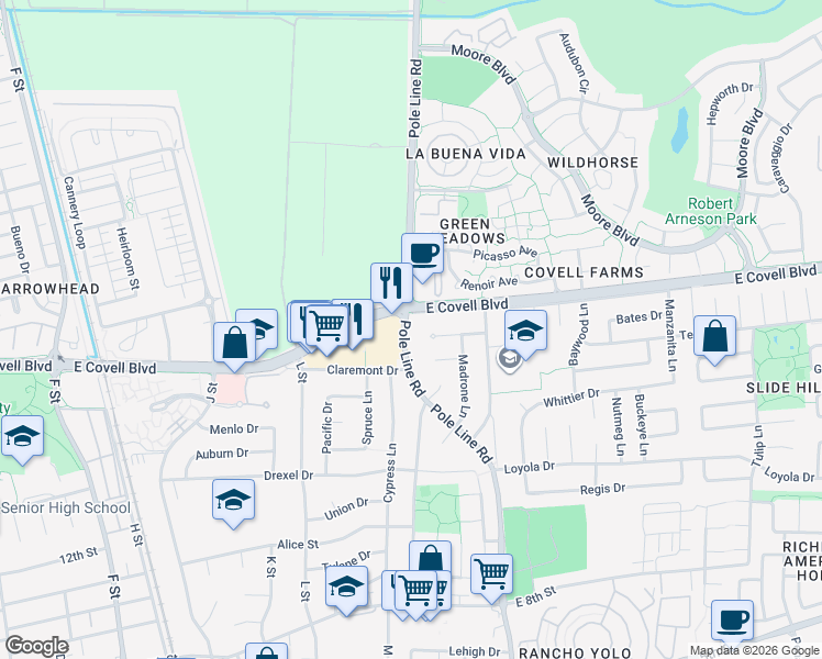 map of restaurants, bars, coffee shops, grocery stores, and more near in Davis