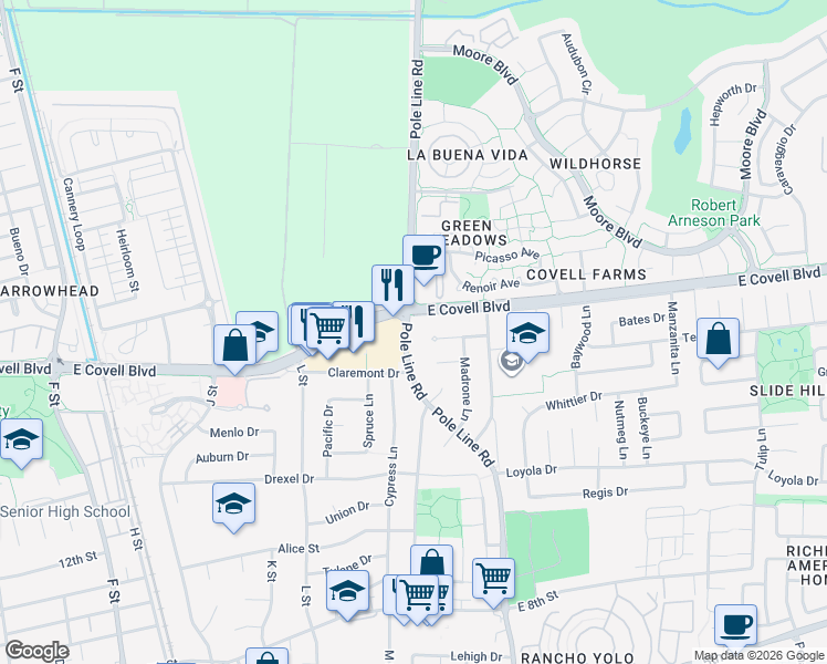 map of restaurants, bars, coffee shops, grocery stores, and more near in Davis