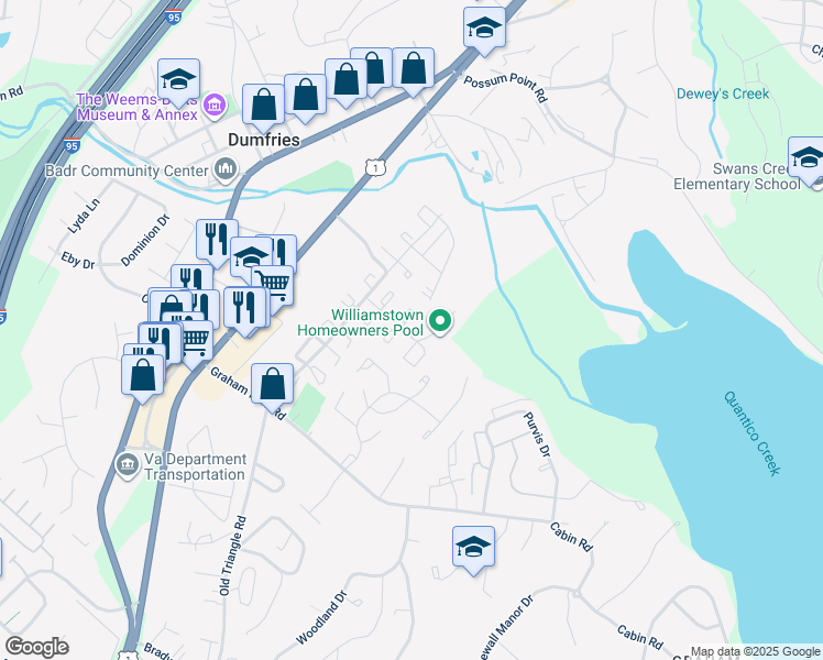 map of restaurants, bars, coffee shops, grocery stores, and more near 2101 Fort Donelson Court in Dumfries