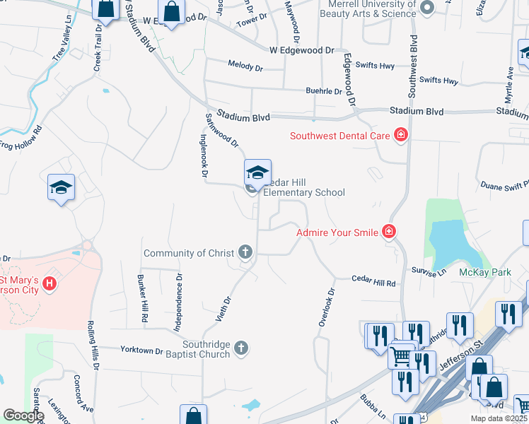 map of restaurants, bars, coffee shops, grocery stores, and more near 1510-1574 Vieth Dr in Jefferson City