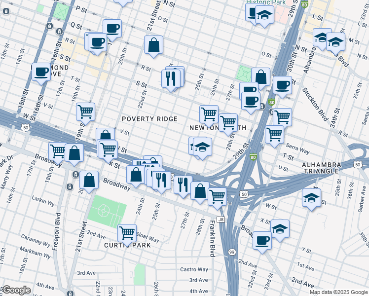 map of restaurants, bars, coffee shops, grocery stores, and more near 2515 V Street in Sacramento