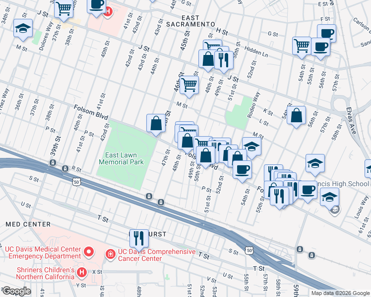 map of restaurants, bars, coffee shops, grocery stores, and more near 1470 48th Street in Sacramento