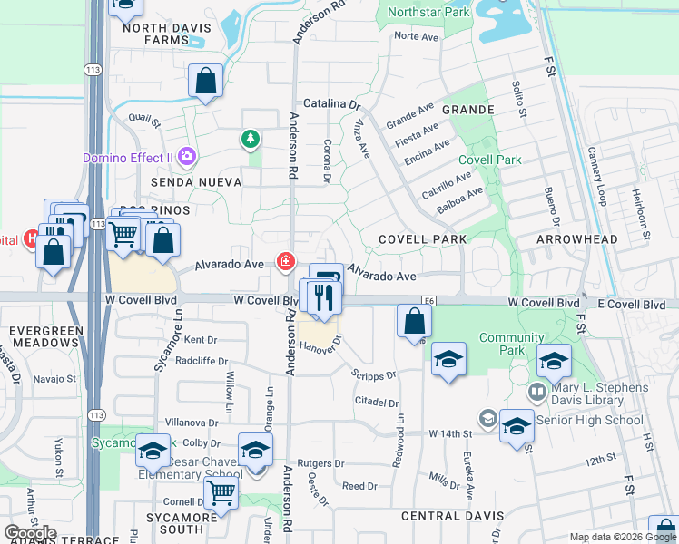 map of restaurants, bars, coffee shops, grocery stores, and more near 644 Alvarado Avenue in Davis