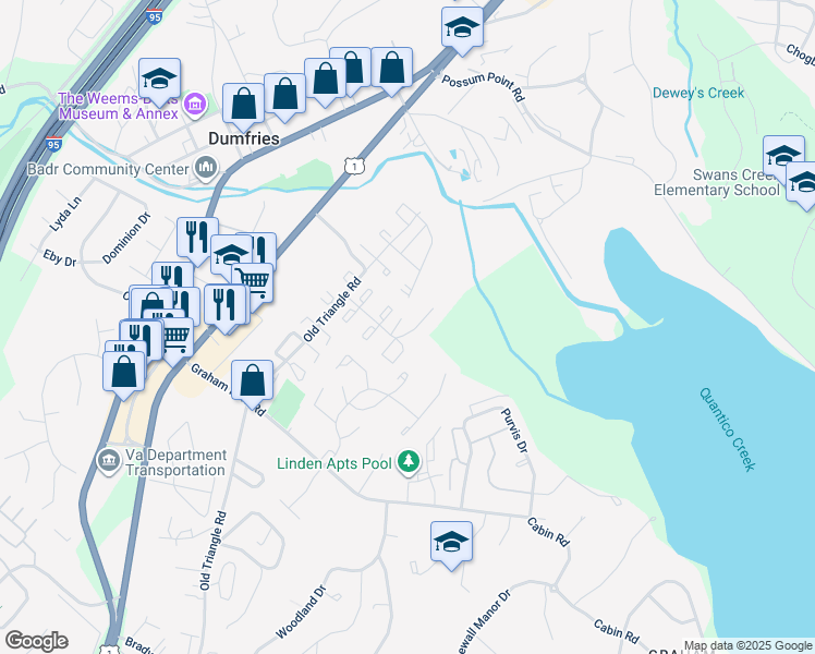 map of restaurants, bars, coffee shops, grocery stores, and more near 2004 Fort Pemberton Court in Dumfries