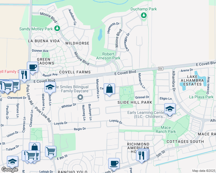 map of restaurants, bars, coffee shops, grocery stores, and more near 1703 Tea Place in Davis