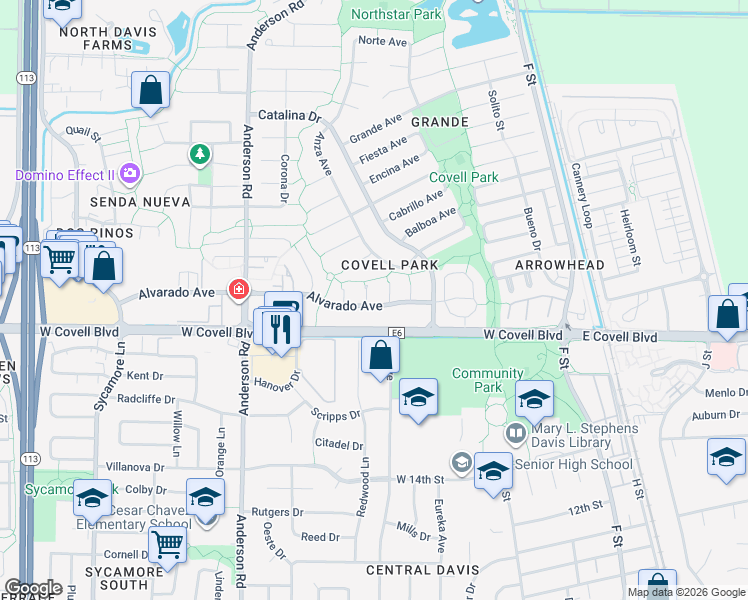map of restaurants, bars, coffee shops, grocery stores, and more near 2104 Del Rey Court in Davis