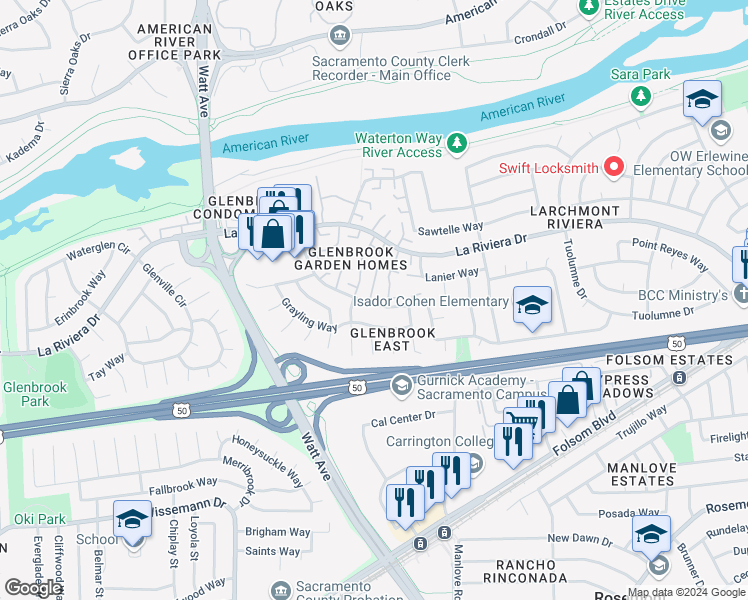map of restaurants, bars, coffee shops, grocery stores, and more near 8891 Salmon Falls Drive in Sacramento