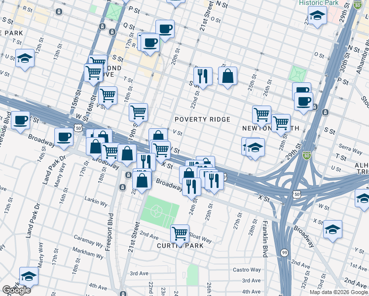 map of restaurants, bars, coffee shops, grocery stores, and more near 2209 W Street in Sacramento