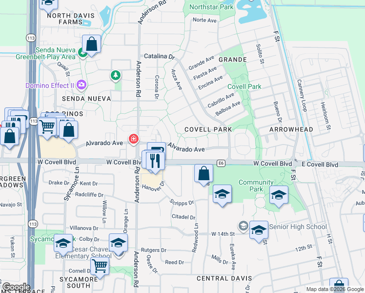 map of restaurants, bars, coffee shops, grocery stores, and more near in Davis