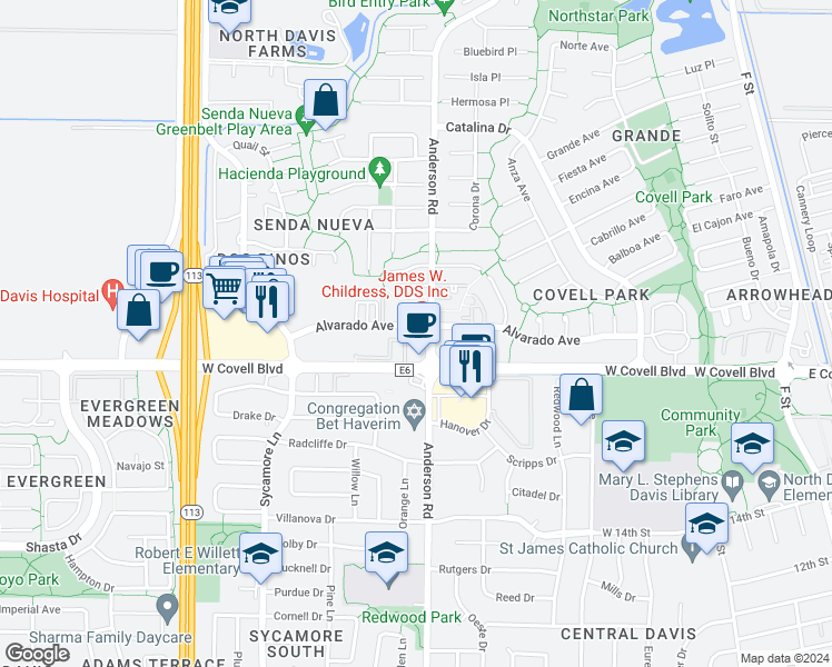 map of restaurants, bars, coffee shops, grocery stores, and more near in Davis