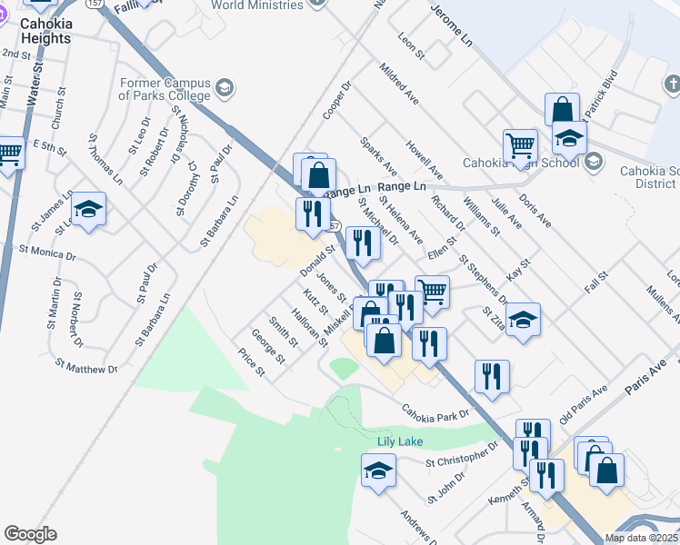 map of restaurants, bars, coffee shops, grocery stores, and more near 1163 Camp Jackson Road in Cahokia