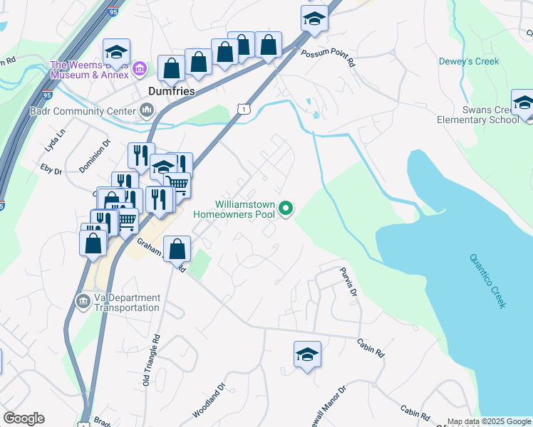 map of restaurants, bars, coffee shops, grocery stores, and more near 2101 Fort Donelson Court in Dumfries
