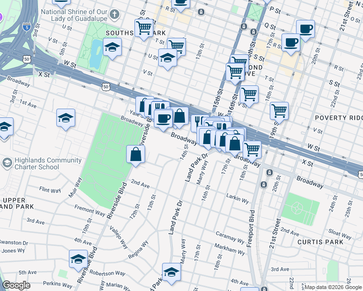 map of restaurants, bars, coffee shops, grocery stores, and more near 1325 Burnett Way in Sacramento