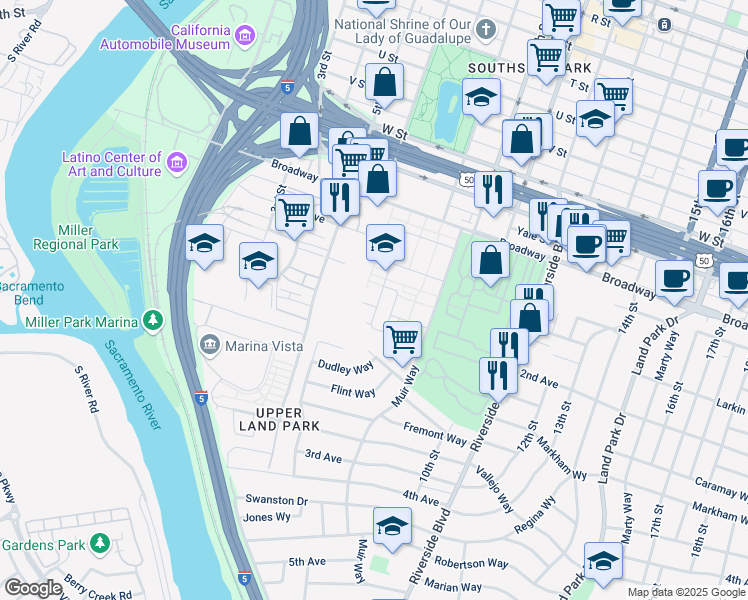 map of restaurants, bars, coffee shops, grocery stores, and more near 2661 Kit Carson Street in Sacramento