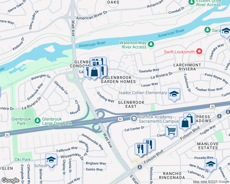 map of restaurants, bars, coffee shops, grocery stores, and more near 8860 Salmon Falls Drive in Sacramento