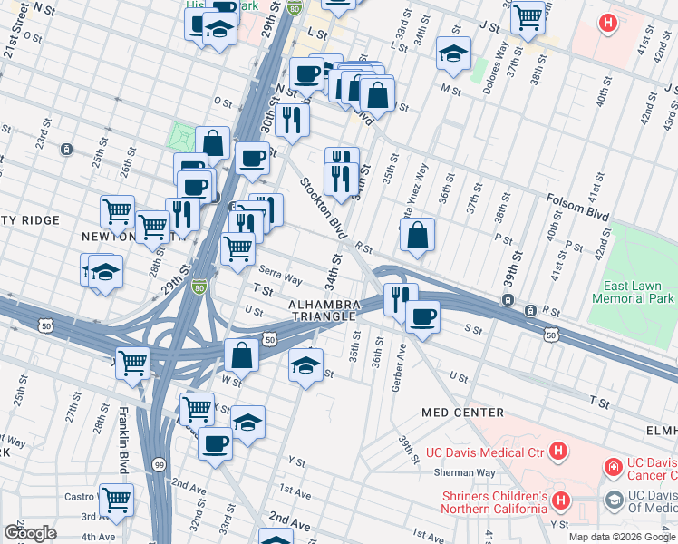 map of restaurants, bars, coffee shops, grocery stores, and more near 1871-1941 34th Street in Sacramento