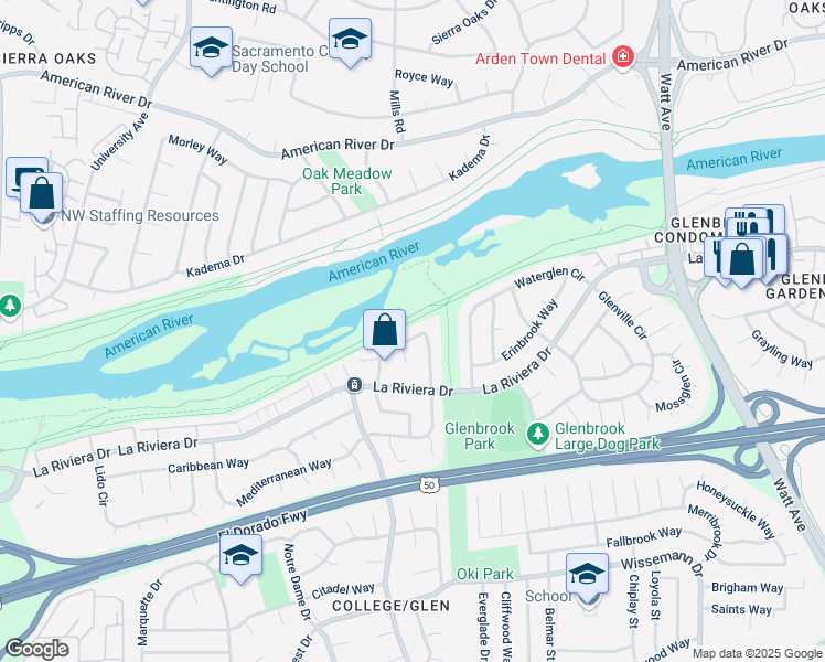map of restaurants, bars, coffee shops, grocery stores, and more near 61 Grand Rio Circle in Sacramento
