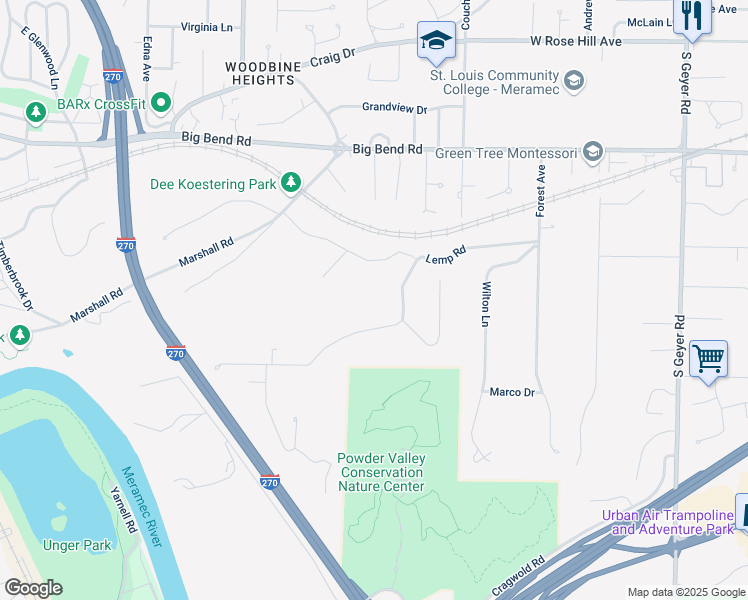 map of restaurants, bars, coffee shops, grocery stores, and more near 24 Lemp Road in St. Louis