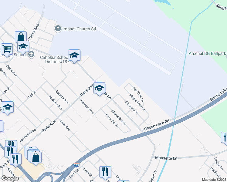 map of restaurants, bars, coffee shops, grocery stores, and more near 1825 Jerome Lane in Cahokia